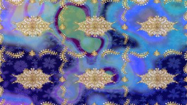 Raster geleneksel altın eskiz deseni mavi renklerde. Barok tarzında eskiz doğulu süsü..