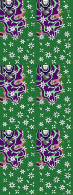 Raster illüstrasyonu. Suluboya çiçekli çiçek deseni. Yeşil renkli Asyalı tekstil.