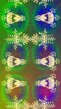 Renkli arka plan üzerinde izole sevimli kar taneleri. Raster resim. Soyut mandala veya kaprisli kar tanesi hat sanat tasarım.