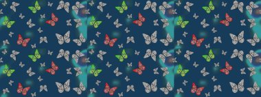 Mavi renkli illüstrasyon. Raster illüstrasyonu. Klasik tarzda hem de. El çizimi, suluboya desenli kelebeklerin çizimi..