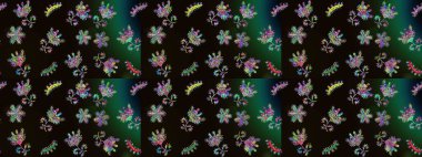 Raster illüstrasyonu. Siyah, yeşil ve gri renkli çiçekler. Asya tekstil tarzında. Çiçek desenli çizim. Raster illüstrasyonu.