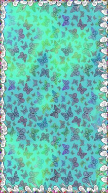 Tekstil, kumaş, baskı ve davetiye geçmişi. Raster. Kelebeklerle kusursuz desen. Mavi renkli illüstrasyon.