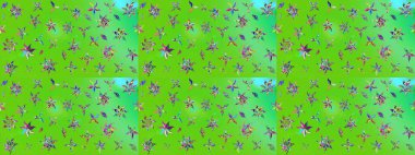 Yeşil renkli bitkilerden oluşan parlak çiçekli çizim deseni.