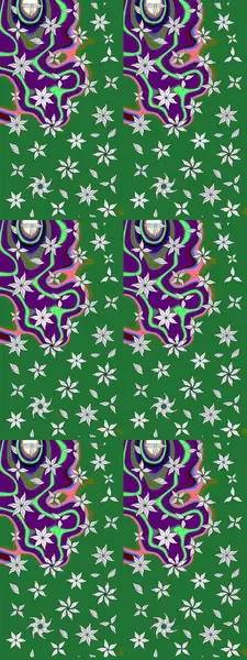 Raster illüstrasyonu. Suluboya çiçekli çiçek deseni. Yeşil renkli Asyalı tekstil.