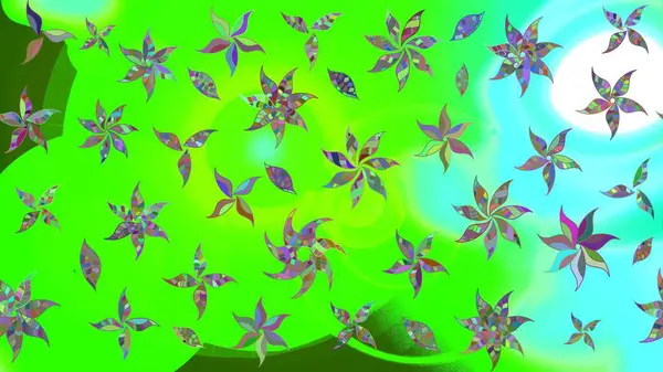 Parlak renkli fantezi çiçekleri, yapraklar, yeşil renkli tomurcuklar. Suluboya el çizimi elementli çiçek çizimi deseni.