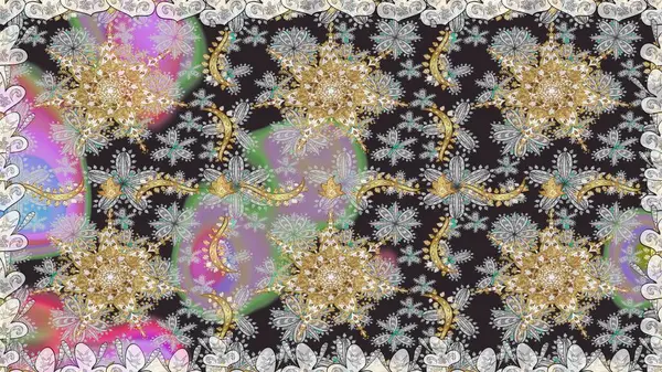 Gri renkler ve altın elementler üzerinde altın pürüzsüz desen. Gri renklerde ve altın elementlerle kusursuz klasik desen. Noel, kar tanesi, yeni yıl.