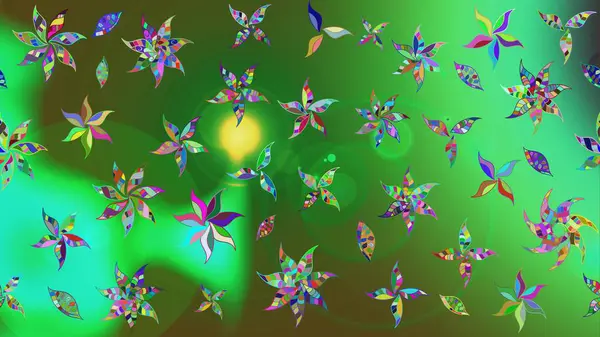 Parlak renkli fantezi çiçekleri, yapraklar, yeşil renkli tomurcuklar. Suluboya el çizimi elementli çiçek çizimi deseni.