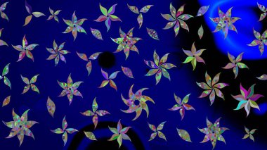 Asya tekstil tarzında. Çiçek desenli çizim. Renkli Bahar Teması eskiz kalıbı. Raster illüstrasyonu. Mavi renkli çiçekler. Düz Çiçek Elementleri Tasarımı.