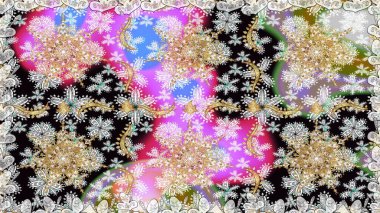 Tarafsız renklerde desen. Kına dövmeli süs çiçekleri, altın çıkartmalar, mehndi ve yoga tasarımı, kartlar ve parmak izleri. Raster altın mehndi kusursuz desen.