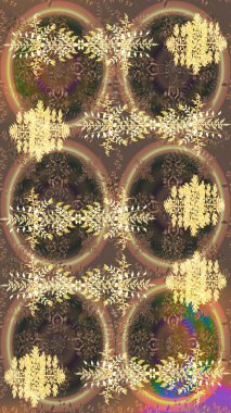 Kahverengi, bej ve sarı renklerde şirin soyut kar taneleri raster tasarımı. Düz kar karalama ikonları, yılbaşı afişi için kar taneleri silueti, kartlar. Yeni yıl kar tanesi.