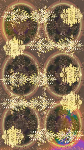 Kahverengi, bej ve sarı renklerde şirin soyut kar taneleri raster tasarımı. Düz kar karalama ikonları, yılbaşı afişi için kar taneleri silueti, kartlar. Yeni yıl kar tanesi.