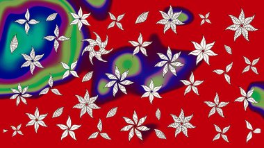 Modern çiçek arkaplanı. Moda baskıları için zarif bir şablon. Halk tarzı. Parlak renkli çiçekleri ve kırmızı yaprakları olan harika bir çiçek deseni..