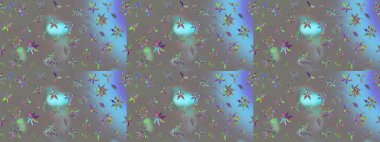 Raster Floral Illustration, Asyalı tekstil. Gri renkli etnik çiçeklerle zarif eskiz deseni.