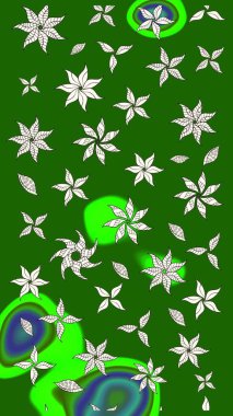 Raster illüstrasyonu. Raster deseni. Patlayan çiçekler soyut olarak yerleştirilmiş. Yumuşak, yeşil renkte bahar çiçekleri.