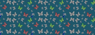 Davetiye, kart ve parmak izi için basit şirin bir model. Mavi arka planda renkli bir kelebek. Kelebeklerle dolu renkli bir halk eskizi çizimi..