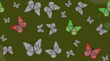 Raster illüstrasyonu. Yeşil, soyut suluboya kelebeklerle bezenmiş yumuşak bir deniz mavisi deseni. Yazdırmayı tekrarla. Sonsuz.