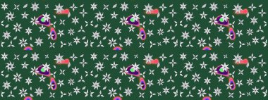 Raster illüstrasyonu. Çiçek buketleriyle klasik bir eskiz şekli. Yeşil renklerde.