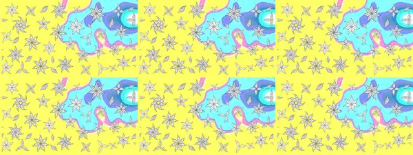 Raster illüstrasyonundaki çiçek desenli çizim. Sarı renkli çiçekler. Renkli Bahar Teması eskiz kalıbı. Düz Çiçek Elementleri Tasarımı.