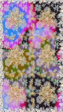 Gri renkli ve altın elementli altın desenli. Çiçek kiremitleri. Raster altın tekstil baskısı. Kusursuz desenli oryantal süs. İslam tasarımı.