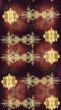 Kahverengi, sarı ve bej renkler. Kar tanelerinin soyut arkaplanlı Noel şablonu. Raster illüstrasyonu. Noel ve Yeni Yıl moda baskıları için tatil tasarımı.