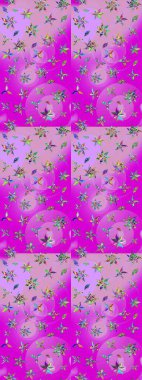 Moda baskıları için zarif bir şablon. Modern çiçek arkaplanı. Parlak renkli çiçekleri ve morumsu yaprakları olan harika bir çiçek deseni. Halk stili.