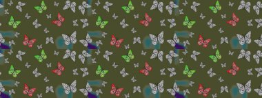 Çizim, karalama, karalama. Sonsuz. Moda Kumaşı Tasarımı. Raster. Kelebekli soyut çiçek arkaplanı çiz.