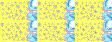 Çok renkli, zarif küçük çiçekler ve sarı renkli komik böcekler, raster desen, illüstrasyon..