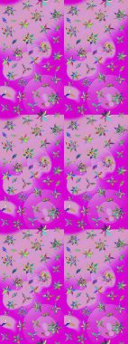 Süslü kumaş deseni. Raster illüstrasyonundaki çiçek desenli çizim. Renkli Bahar Teması eskiz kalıbı. Düz Çiçek Elementleri Tasarımı.