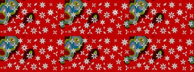 Renkli desenli eskiz deseni, kırmızı çiçekler ve dekoratif elementlerle. Eskiz geçmişi. Raster illüstrasyonu. Kumaş, tekstil, duvar kağıdı baskısı için. Antika retro tarzı.