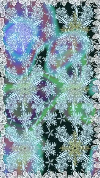 Retro tekstil tasarım koleksiyonu. Tarafsız ve mavi, nötr ve mavi. Çiçekli ipek eşarp. El çizimi çiçek unsurları olan soyut, dikişsiz raster deseni. 1950 'ler-1960' lar motifleri.