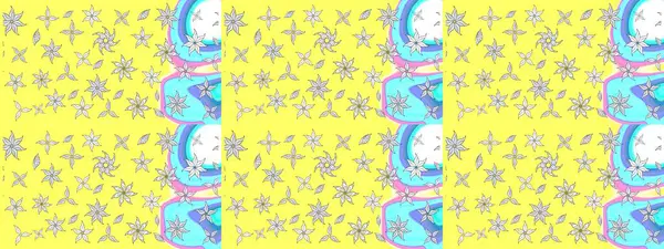 Çok renkli, zarif küçük çiçekler ve sarı renkli komik böcekler, raster desen, illüstrasyon..