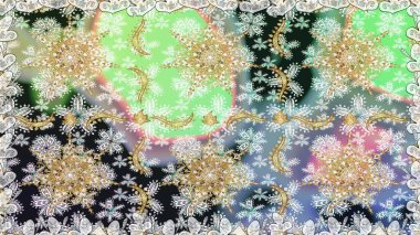 Kına dövmeli süs çiçekleri, altın çıkartmalar, mehndi ve yoga tasarımı, kartlar ve parmak izleri. Tarafsız renklerde desen. Raster altın mehndi kusursuz desen.