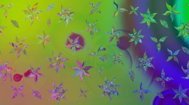 Varicologreen Raster çizimi. Bir sürü yeşil ve soyut çiçekli tropik eskiz deseni. Küçük çiçekte sevimli çiçek deseni var..