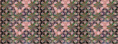 Şirin çiçek elementleri. Renkli Bahar Temalı Kusursuz Arkaplan. Kusursuz desenli, modaya uygun kumaş deseni. Düz Çiçek Elementleri Tasarımı. Raster illüstrasyonu.