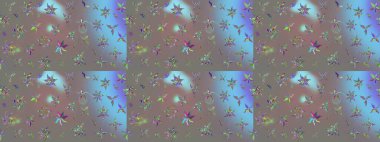 Çok renkli, zarif küçük çiçekler ve gri renkli komik böcekler, raster desen, illüstrasyon.