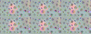 Çok renkli, zarif küçük çiçekler ve gri renkli komik böcekler, raster desen, illüstrasyon.