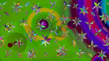 Suluboya elle çizilmiş çiçek desenli eskiz deseni. Parlak renkli fantezi çiçekleri, yapraklar, yeşil renkli tomurcuklar.