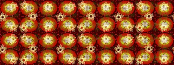 İllüzyon. Renkli bir arka planda izole güzel raster kahverengi ve kırmızı kar taneleri. Kar taneleri, kar yağışı. Düşen Noel stilize kar taneleri.