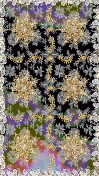 Gri renklerdeki altın element. Damask arkaplanı tekerrür ediyor. Antika altın tekrarlanabilir duvar kağıdı. Barok tarzında altın çiçek süsü..