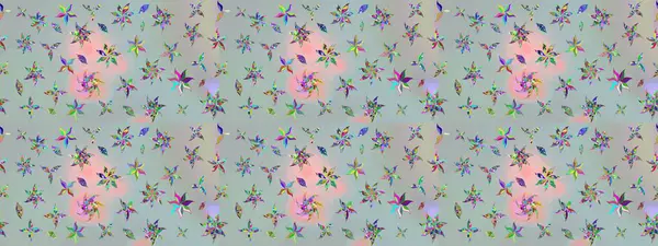 Çok renkli, zarif küçük çiçekler ve gri renkli komik böcekler, raster desen, illüstrasyon.