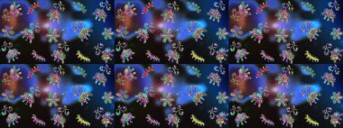 Raster illüstrasyonu. Mavi, gri ve mor renkli çiçekler. Küçük çiçekte sevimli çiçek deseni var..