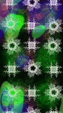 Raster illüstrasyonu. Kar tanelerinin soyut arkaplanlı Noel şablonu. Noel ve yeni yıl moda baskıları için tatil tasarımı. Yeşil, mavi ve gri renkler.