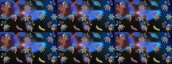 Raster illüstrasyonu. Mavi, gri ve mor renkli çiçekler. Küçük çiçekte sevimli çiçek deseni var..