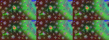 Düz Çiçek Elementleri Tasarımı. Renkli Bahar Teması eskiz kalıbı. Taslak desenli, modaya uygun kumaş deseni. Raster illüstrasyonu. Şirin çiçek elementleri..