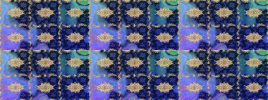 Kına dövmeli süs çiçekleri, altın çıkartmalar, mehndi ve yoga tasarımı, kartlar ve parmak izleri. Raster Golden Mehndi eskiz kalıbı. Mavi renkte desen.