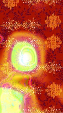 Kar tanelerinin soyut arkaplanlı Noel şablonu. Kırmızı, turuncu ve sarı renkler. Noel ve yeni yıl moda baskıları için tatil tasarımı. Raster illüstrasyonu.