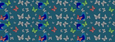 Korunmak için vahşi yaşam böcekleri için arka plan. Kelebek yineleme dokusunun güzel çizimi karşıtlık katmanında izole edilmiş. Doğa kelebeği temayı mavi renklerle tekrarlıyor. Raster illüstrasyonu.