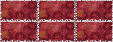 Düz Çiçek Elementleri Tasarımı. Raster illüstrasyonu. Kusursuz çiçek deseni. Renkli Bahar Temalı Kusursuz Arkaplan. Kırmızı renkte çiçekler. Asya tekstil tarzında.