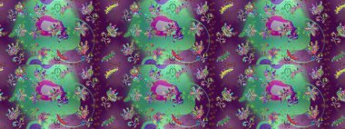 Renkli, pürüzsüz desen. Çiçek arkaplan. Çiçek duvar kâğıdı. Raster illüstrasyonu. Mor, yeşil ve mavi renkli şirin tekstil.