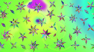 Suluboya elle çizilmiş çiçek desenli eskiz deseni. Parlak renkli fantezi çiçekleri, yapraklar, yeşil renkli tomurcuklar.